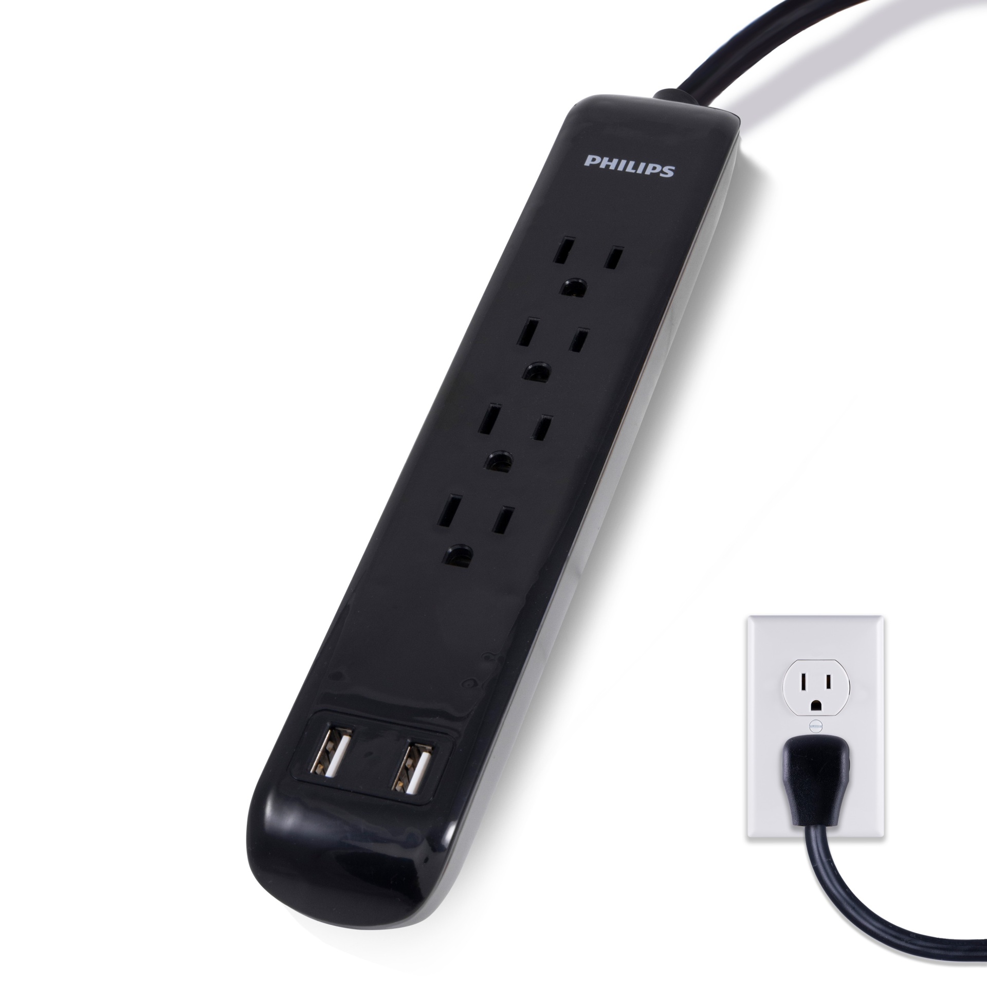 slide 1 of 4, Philips 4-Outlet Surge Protector with 2 USB Charging - Black, 3 ft