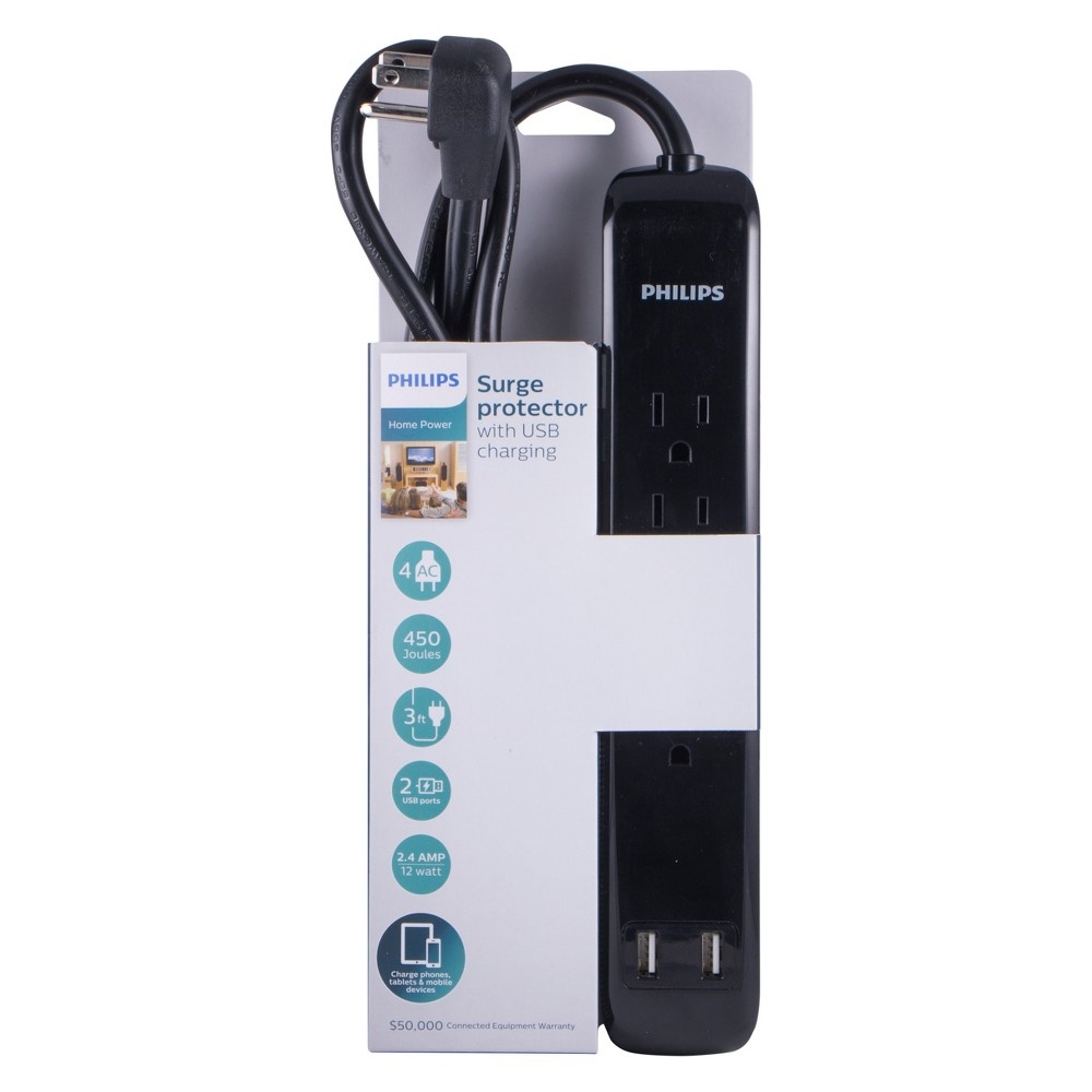 slide 3 of 4, Philips 4-Outlet Surge Protector with 2 USB Charging - Black, 3 ft