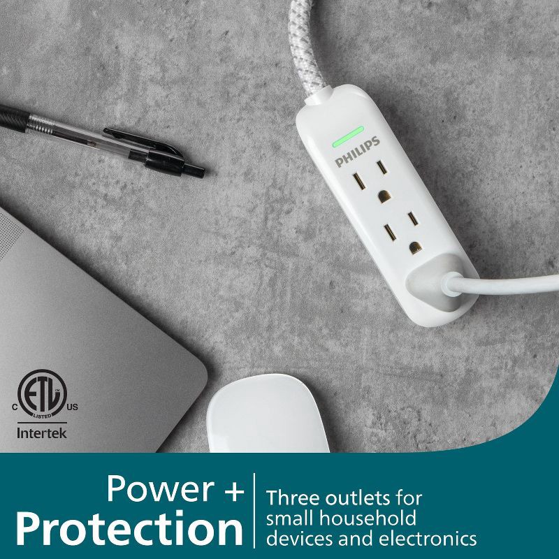 slide 2 of 11, Philips 3-Outlet Surge Protector with 8ft Braided Extension Cord, Gray, White, 8 ft