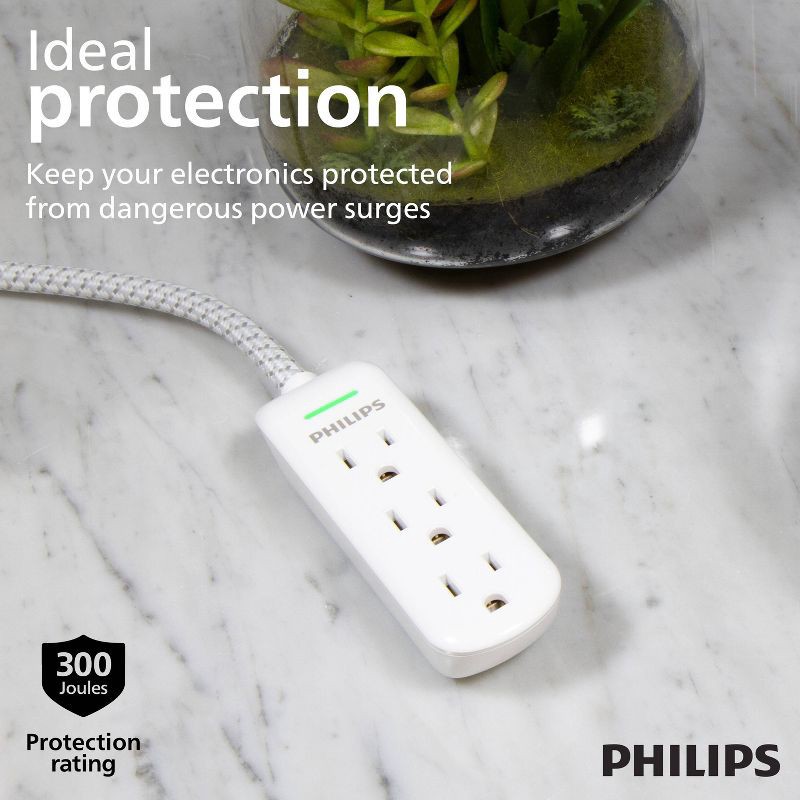 slide 3 of 11, Philips 3-Outlet Surge Protector with 8ft Braided Extension Cord, Gray, White, 8 ft