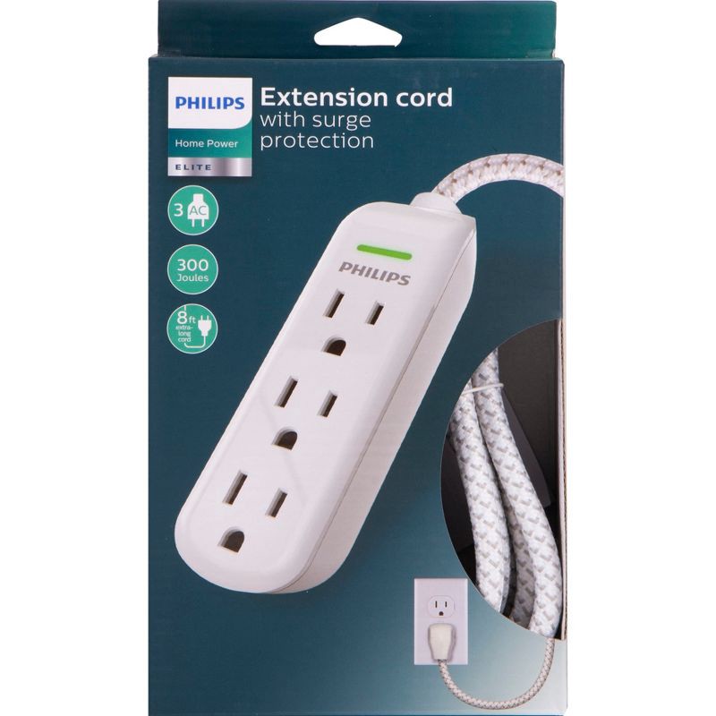 slide 7 of 11, Philips 3-Outlet Surge Protector with 8ft Braided Extension Cord, Gray, White, 8 ft