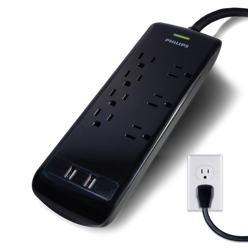 slide 1 of 1, Philips 7-Outlet 2 USB Port Surge Protector with 4ft Extension Cord, Black, 4 ft