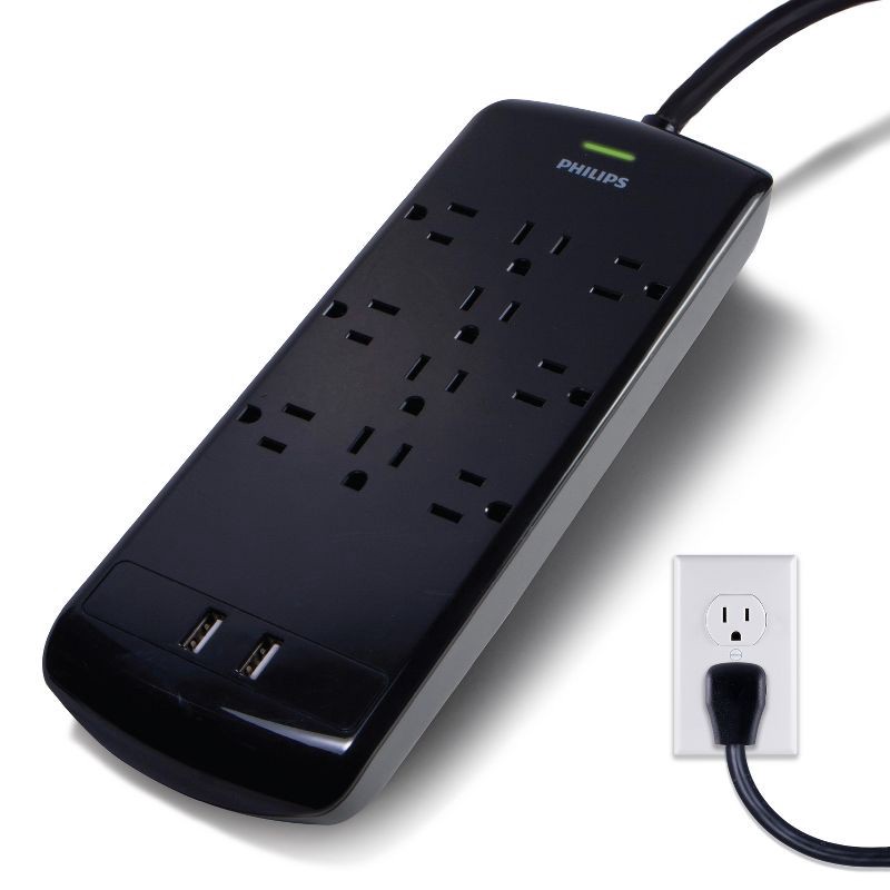 slide 1 of 1, Philips 10-Outlet 2 USB Port Surge Protector with 6ft Extension Cord, Black, 6 ft