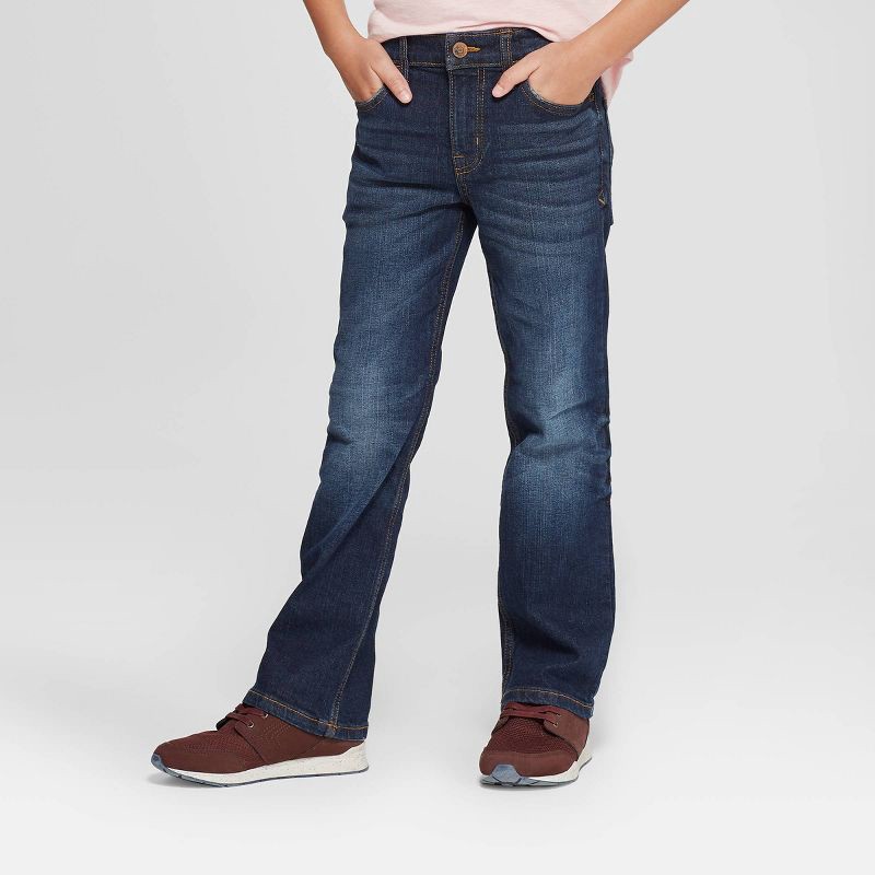 slide 1 of 5, Boys' Stretch Bootcut Fit Jeans - Cat & Jack™ Dark Blue 8: Adjustable Waistband, Heavyweight Denim, 1 ct