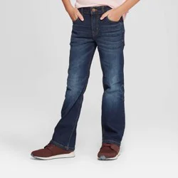 Boys' Stretch Bootcut Fit Jeans - Cat & Jack™ Dark Blue 10: Heavyweight Denim, Adjustable Waistband, Mid Rise, Full Length