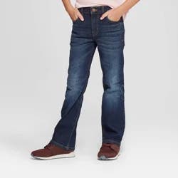 Boys' Stretch Bootcut Fit Jeans - Cat & Jack™ Dark Blue 4: Heavyweight Denim, Adjustable Waistband, Mid Rise, Full Length