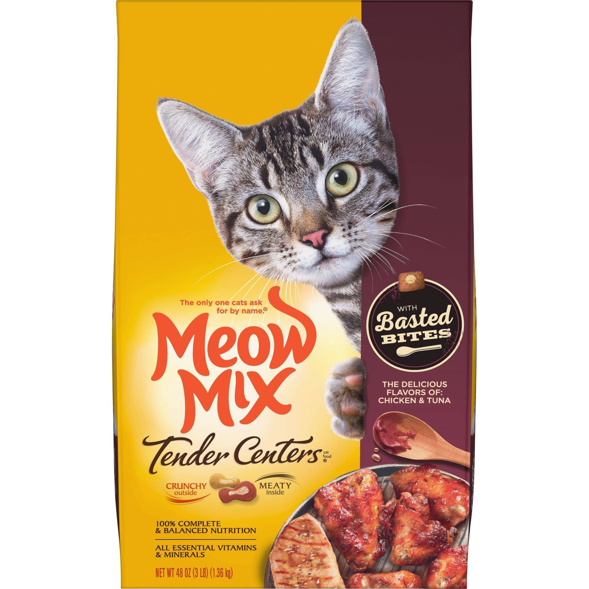 slide 1 of 8, Meow Mix Tender Centers with Basted Bites with Flavors of Chicken & Tuna Adult Complete & Balanced Dry Cat Food - 3lbs, 3 lb