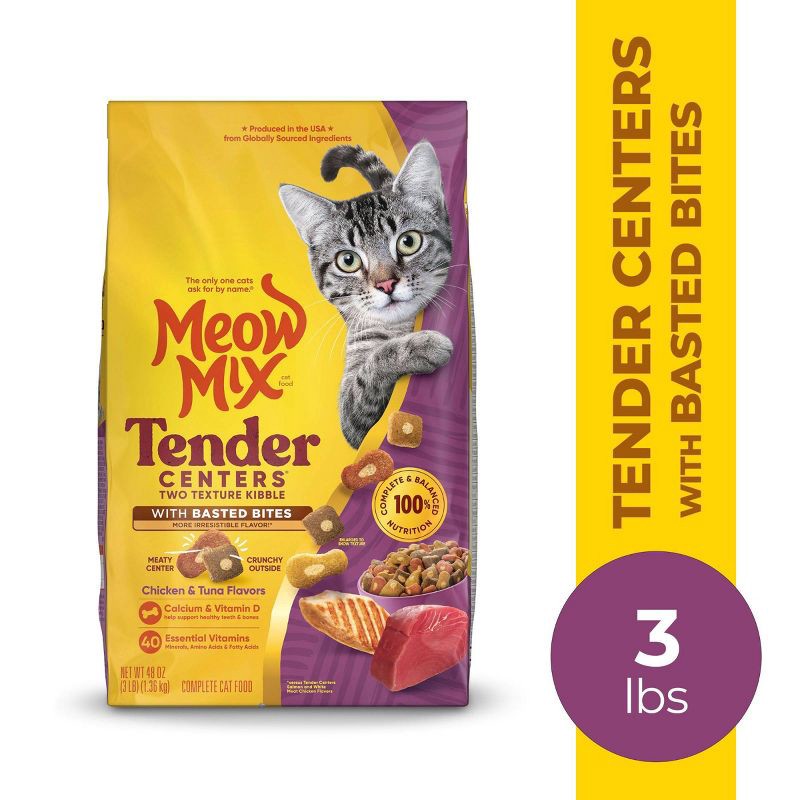 slide 5 of 6, Meow Mix Tender Centers with Basted Bites with Flavors of Chicken & Tuna Adult Complete & Balanced Dry Cat Food - 3lbs, 3 lb
