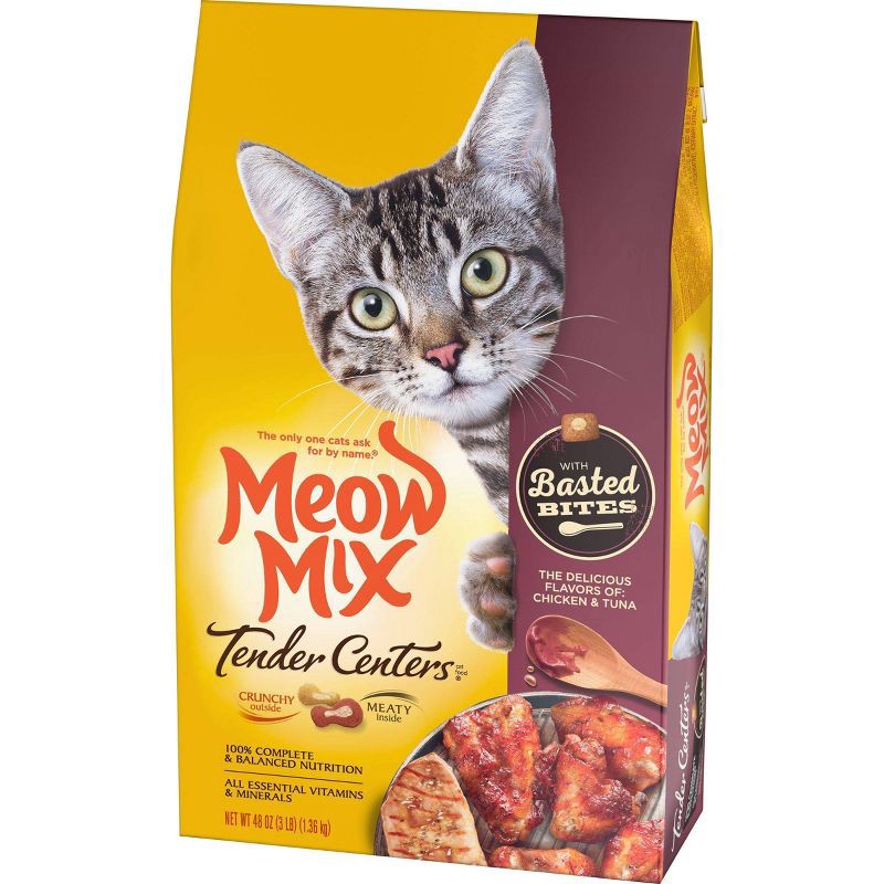 slide 5 of 8, Meow Mix Tender Centers with Basted Bites with Flavors of Chicken & Tuna Adult Complete & Balanced Dry Cat Food - 3lbs, 3 lb