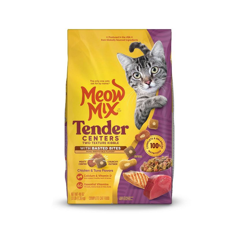 slide 1 of 6, Meow Mix Tender Centers with Basted Bites with Flavors of Chicken & Tuna Adult Complete & Balanced Dry Cat Food - 3lbs, 3 lb