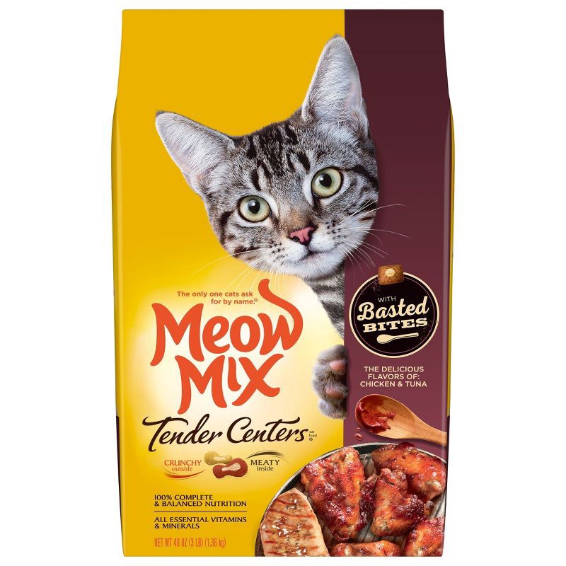 slide 1 of 8, Meow Mix Tender Centers with Basted Bites with Flavors of Chicken & Tuna Adult Complete & Balanced Dry Cat Food - 3lbs, 3 lb