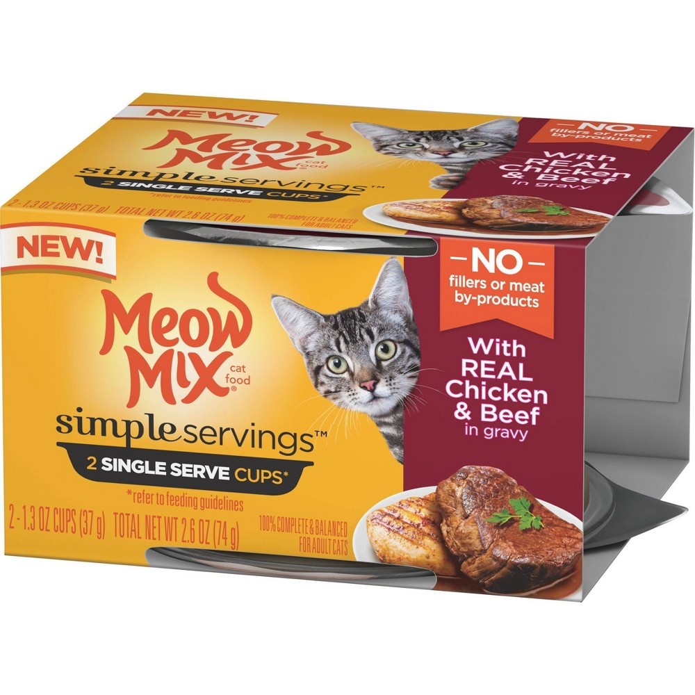 slide 5 of 9, Meow Mix Simple Servings In Gravy Wet Cat Food with Chicken & Beef, 1.3 oz, 2 ct