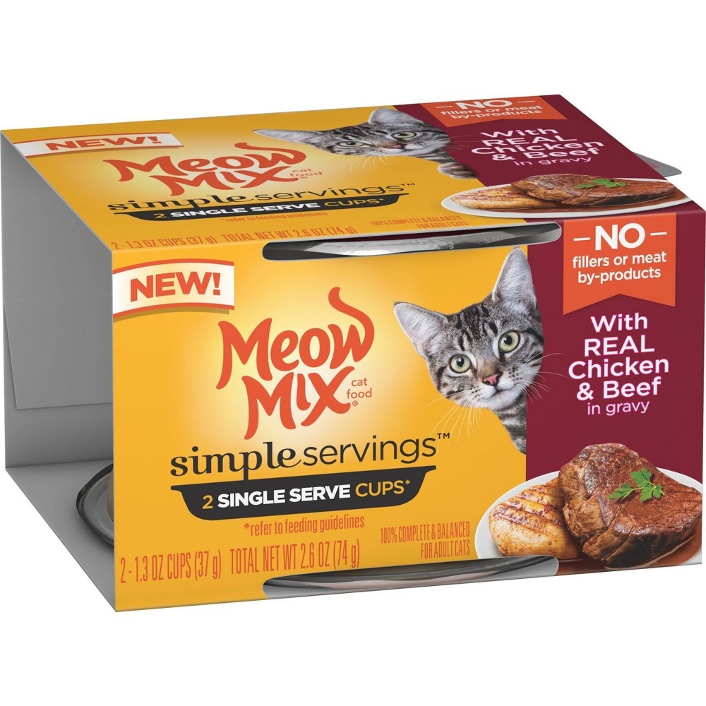 slide 8 of 9, Meow Mix Simple Servings In Gravy Wet Cat Food with Chicken & Beef, 1.3 oz, 2 ct