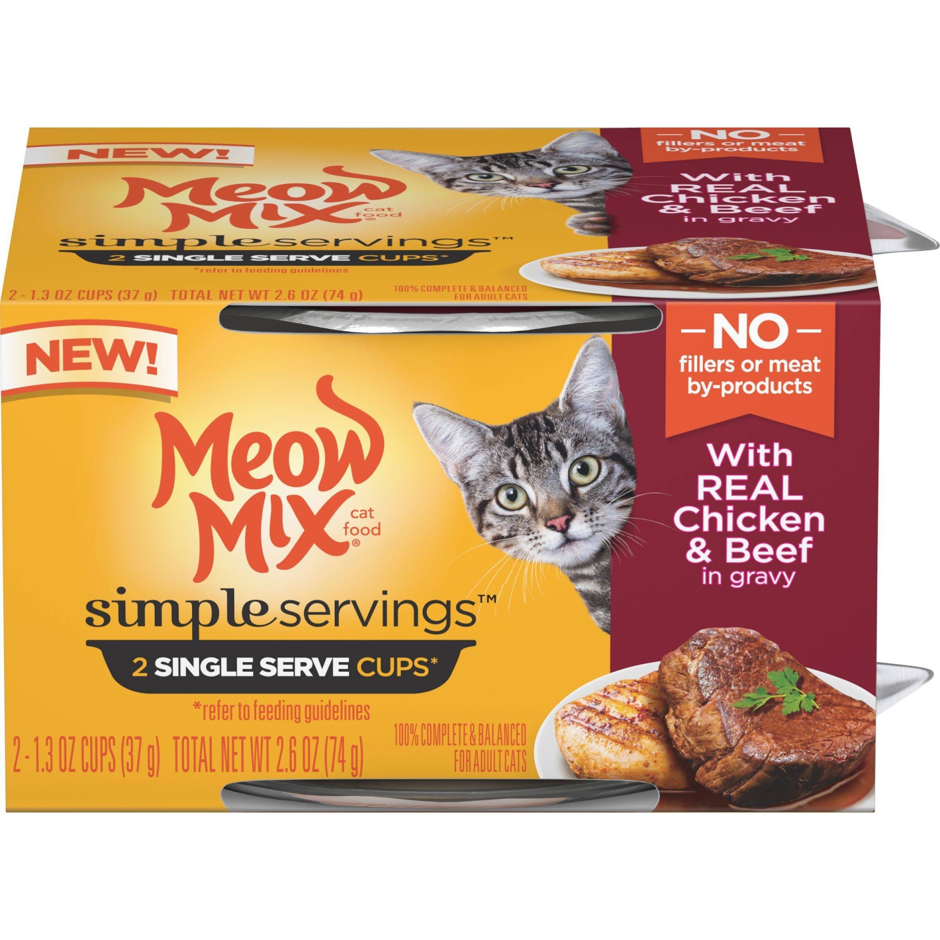 slide 1 of 9, Meow Mix Simple Servings In Gravy Wet Cat Food with Chicken & Beef, 1.3 oz, 2 ct