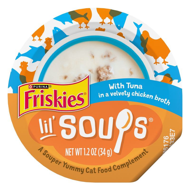 slide 1 of 9, Purina Friskies Lil' Soups In a Velvety Broth Wet Cat Food Complement with Chicken & Tuna - 1.2oz, 1.2 oz
