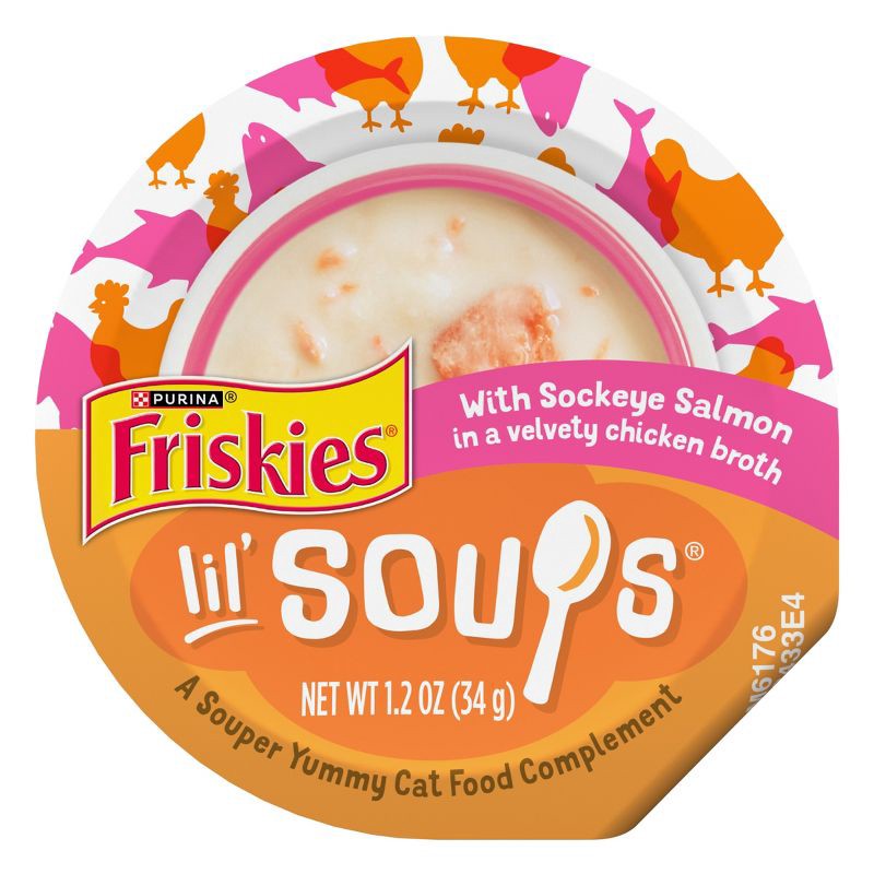 slide 1 of 10, Purina Friskies Lil' Soups In a Velvety Broth Wet Cat Food Complement with Sockeye Salmon - 1.2oz, 1.2 oz