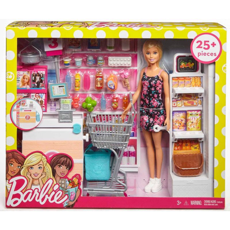slide 6 of 6, Barbie Supermarket Playset, Blonde Doll, 25 Grocery Store and Food Themed Accessories, 1 ct