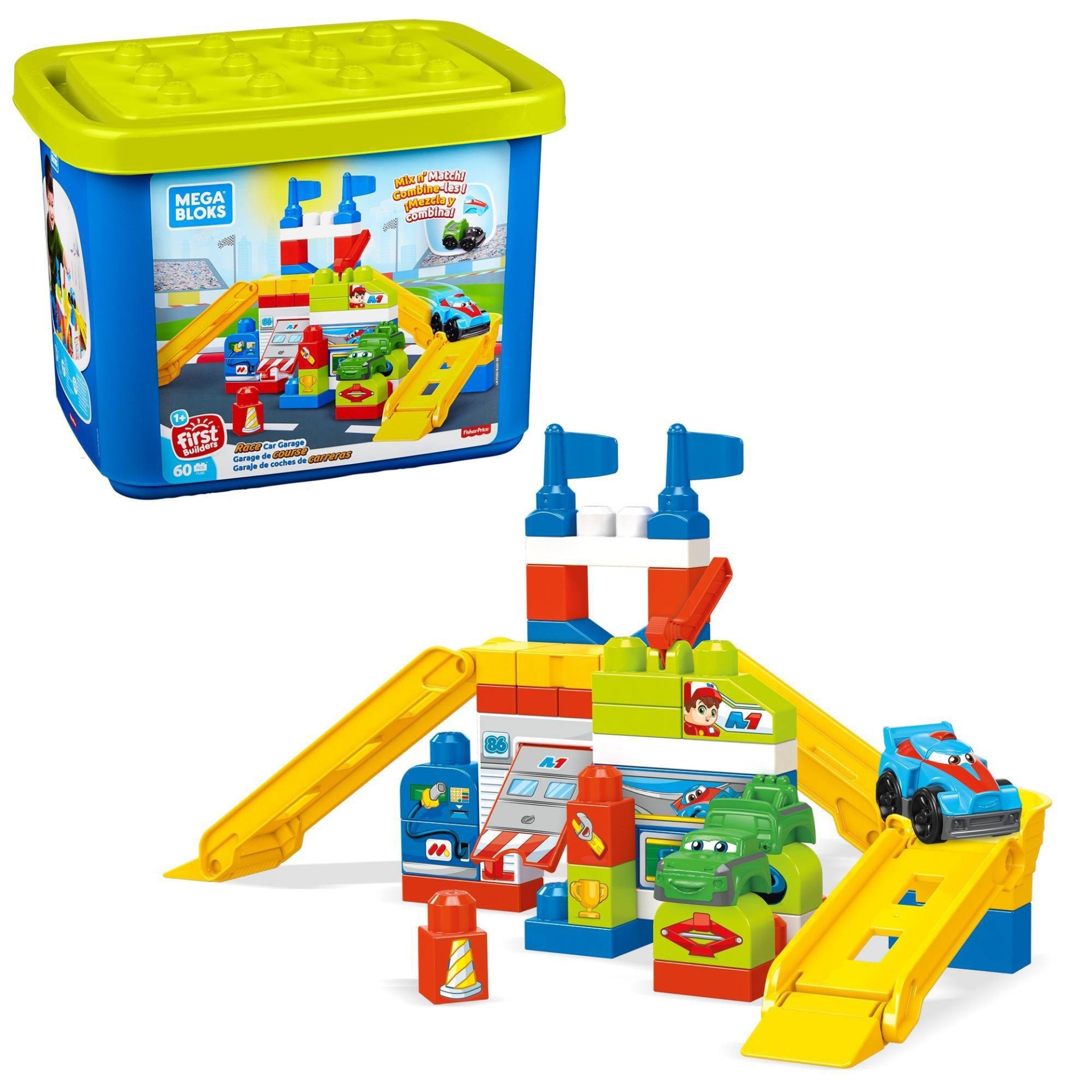 slide 1 of 7, Mega Bloks Race Car Garage Building Set, 60 ct