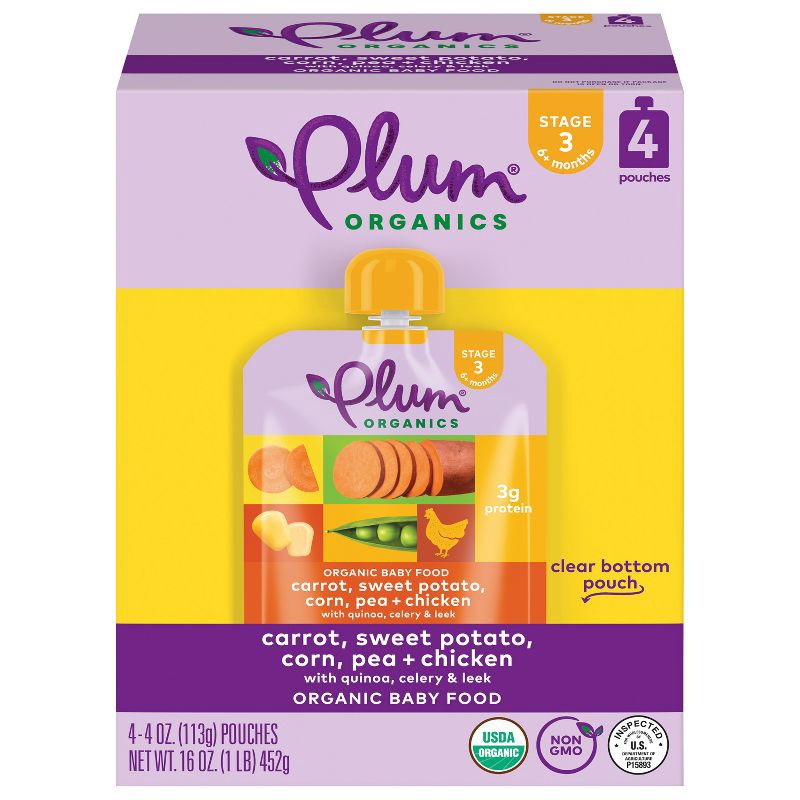 slide 1 of 5, Plum Organics 4pk Carrot Sweet Potato Corn Pea & Chicken Baby Food - 16oz, 4 ct; 16 oz