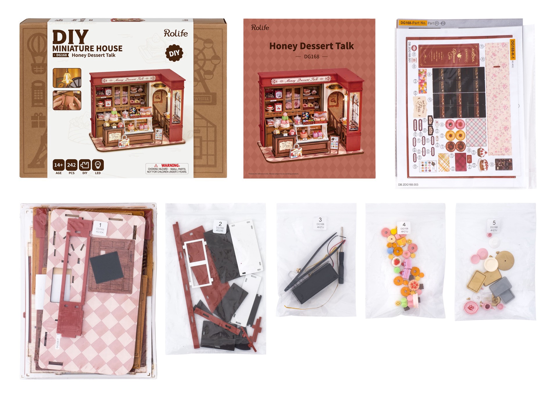 slide 9 of 9, Robotime Rolife Honey Dessert Talk Diy Miniature House Kit, 9.05 in x 5.31 in x 6.81 in