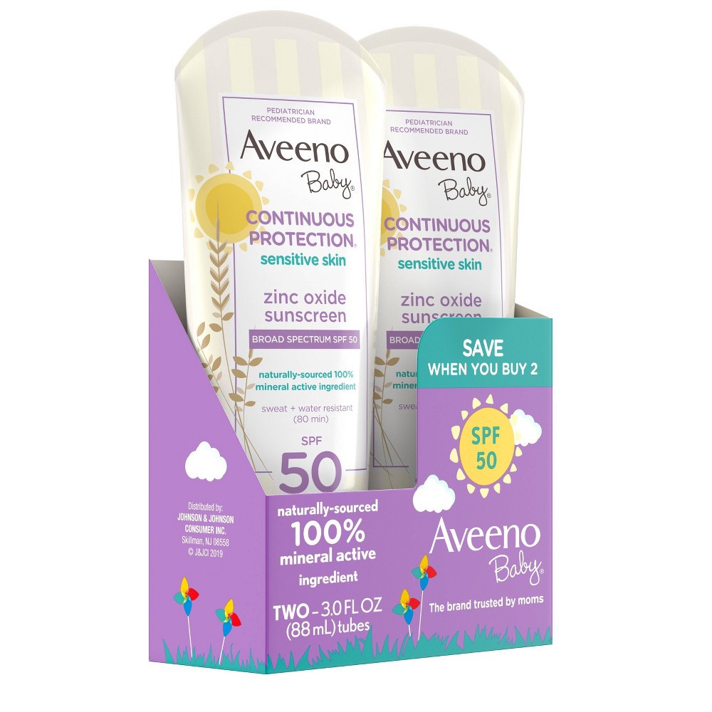 slide 3 of 9, Aveeno Baby Continuous Protection Sensitive Lotion - SPF 50 - 2ct/6 fl oz Total, 50 x 2 ct, 6 fl oz