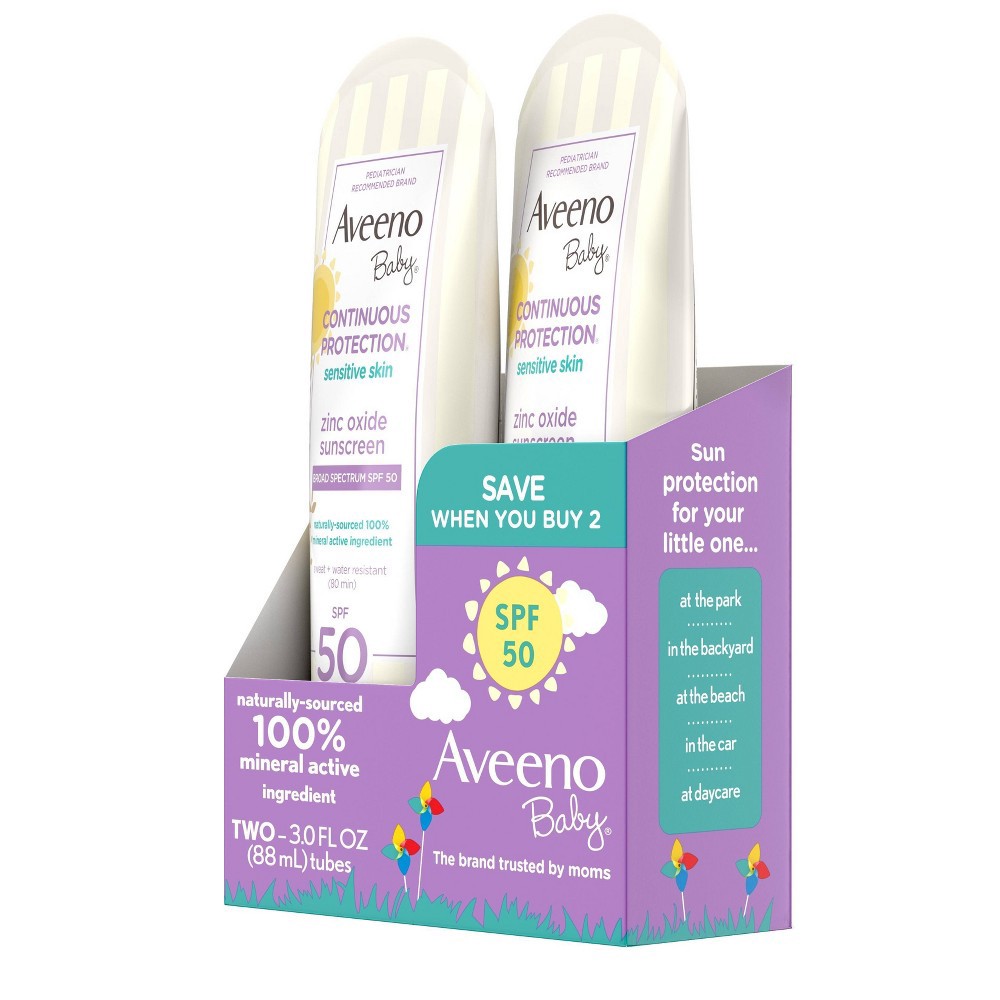 slide 4 of 9, Aveeno Baby Continuous Protection Sensitive Lotion - SPF 50 - 2ct/6 fl oz Total, 50 x 2 ct, 6 fl oz