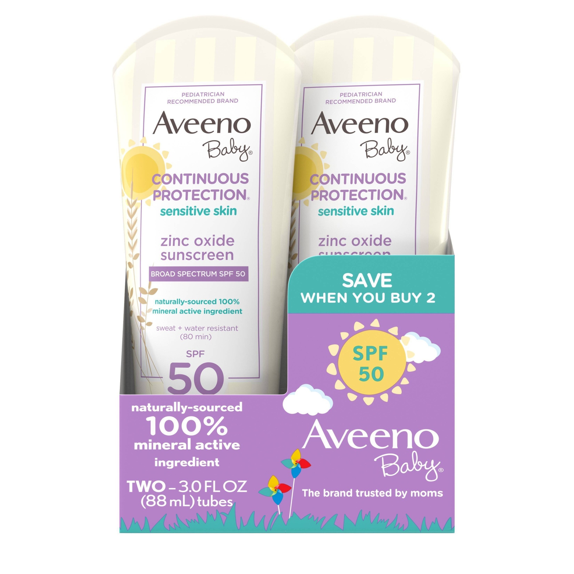 slide 1 of 9, Aveeno Baby Continuous Protection Sensitive Lotion - SPF 50 - 2ct/6 fl oz Total, 50 x 2 ct, 6 fl oz