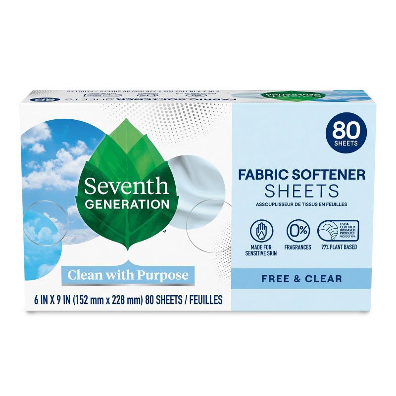 slide 1 of 7, Seventh Generation Fabric Softener Sheets Free & Clear - 80ct, 80 ct