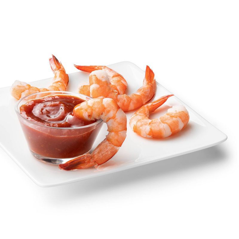 slide 3 of 4, Peeled & Deveined Tail On Cooked Shrimp with Cocktail Sauce - Frozen - 16oz - Good & Gather™, 16 oz