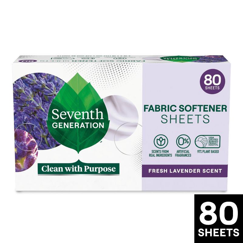 slide 1 of 7, Seventh Generation Fabric Softener Sheets Fresh Lavender Scent - 80ct: Dye-Free, Phosphate-Free, Box, 80 ct