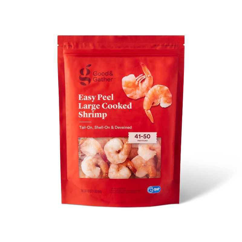 slide 1 of 4, Easy Peel Large Tail & Shell On Deveined Cooked Shrimp - Frozen - 41-50ct /16oz - Good & Gather, 1 ct