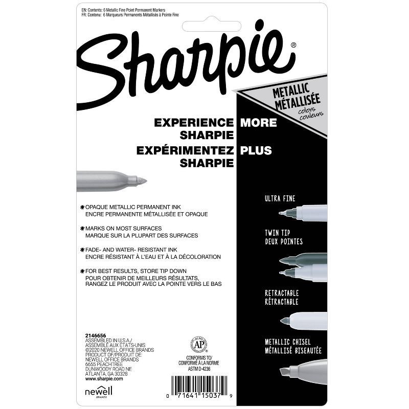 slide 9 of 9, Sharpie 6pk Permanent Markers Fine Tip Metallic Multicolored, 6 ct