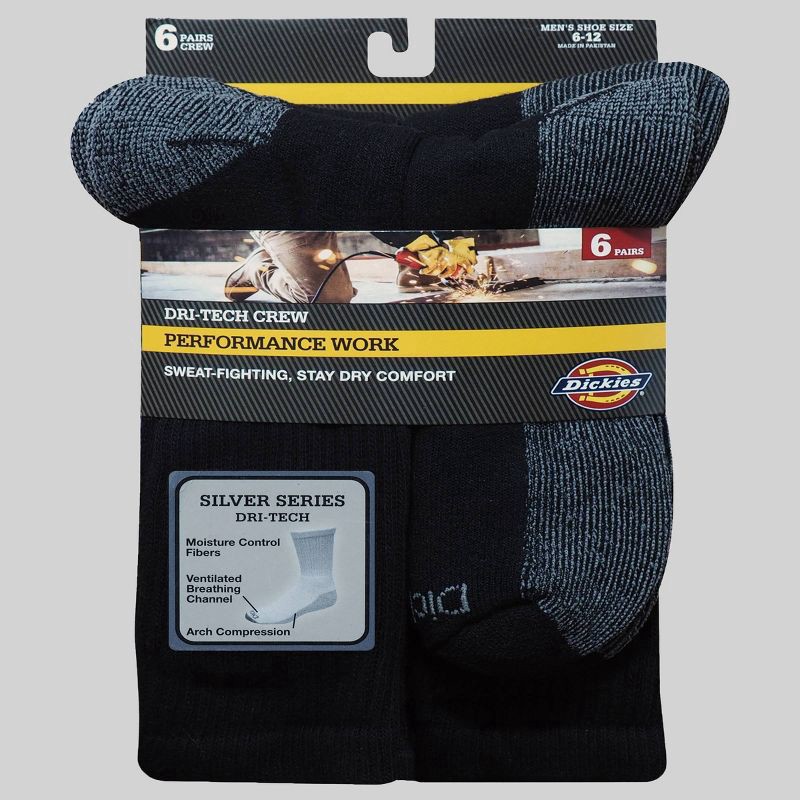 slide 2 of 3, Dickies Dri-Tech Comfort Moisture Control Black Crew Socks, Size 6-12, 6 pair