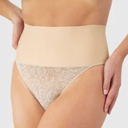 Maidenform Self Expressions Women's Tame Your Tummy Thong SE0049 - Beige S: Firm Compression Shapewear, Mid Rise