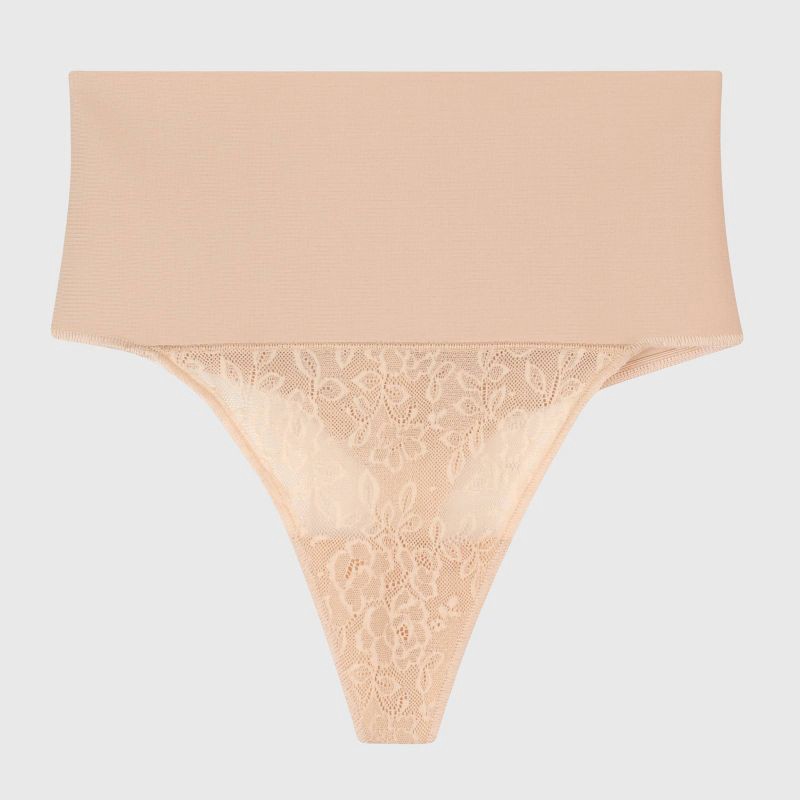 slide 5 of 6, Maidenform Self Expressions Women's Tame Your Tummy Thong SE0049 - Beige M: Firm Compression, Mid Rise, Nylon-Spandex Blend, 1 ct