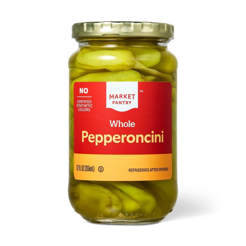 slide 1 of 3, Whole Pepperoncinis 12 fl oz - Market Pantry™, 12 fl oz