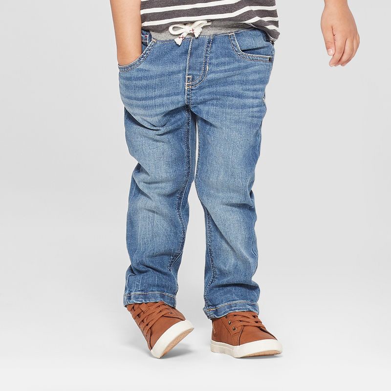 slide 1 of 3, Toddler Boys' Pull-On Straight Fit Jeans - Cat & Jack™ Blue 5T: Midweight Denim, Elastic Waist, Drawstring, 1 ct