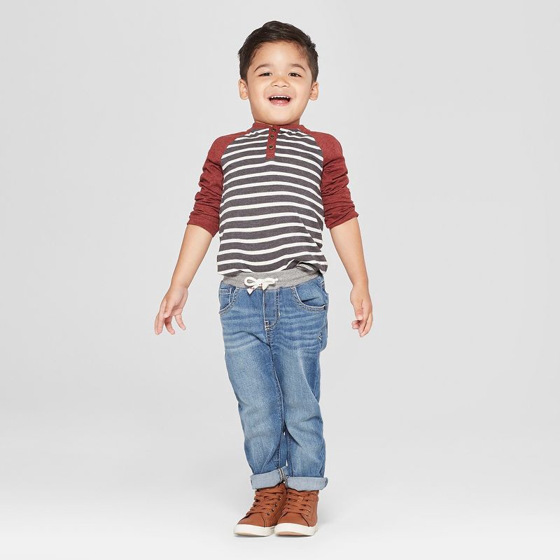 slide 3 of 3, Toddler Boys' Pull-On Straight Fit Jeans - Cat & Jack™ Medium Wash 12M: Denim, Elastic Waist, Drawstring, 1 ct