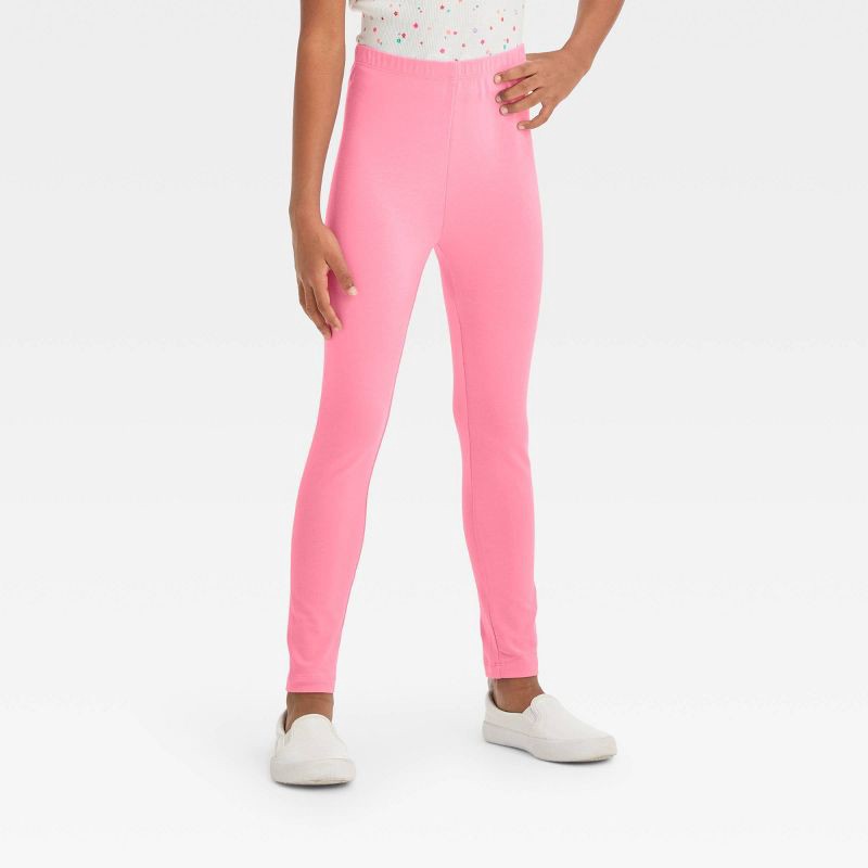 slide 1 of 3, Girls' Leggings Pants - Cat & Jack™ Pink M: Cotton-Spandex Blend, High Rise, Skinny Leg, Full Length, Elastic Waistband, 1 ct