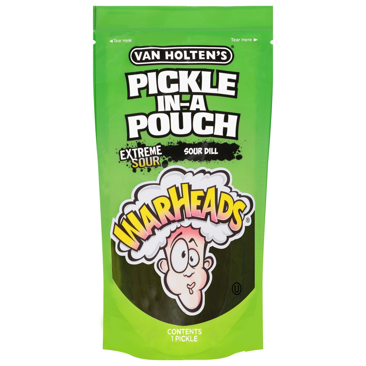 slide 1 of 9, Van Holten's Warheads Extreme Sour Pickle in-a Pouch 1 Each, 1 oz