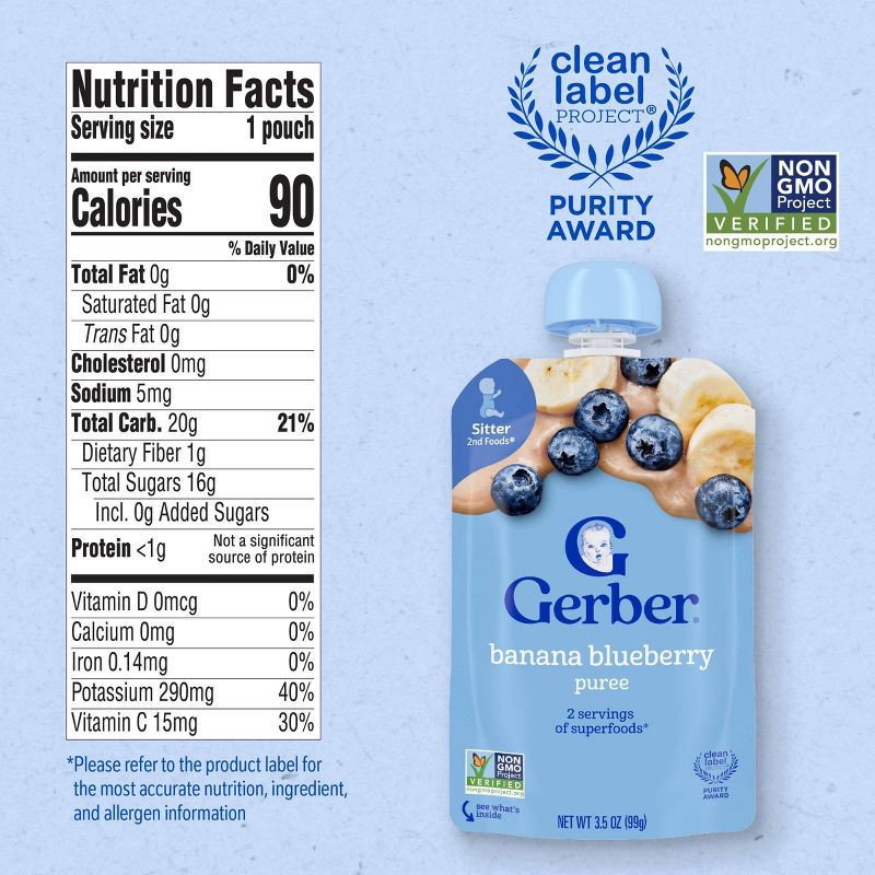 slide 8 of 9, Gerber Baby Food Banana Blueberry Puree Toddler Food Pouch - 3.5oz​, 3.5 oz