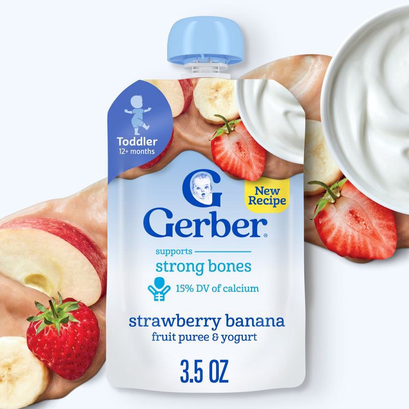 slide 2 of 10, Gerber Baby Food Fruit & Yogurt Strawberry Banana Puree Toddler Food Pouch - 3.5oz​, 3.5 oz