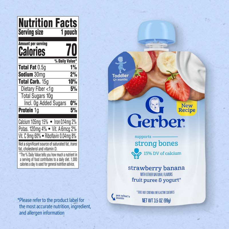 slide 7 of 10, Gerber Baby Food Fruit & Yogurt Strawberry Banana Puree Toddler Food Pouch - 3.5oz​, 3.5 oz