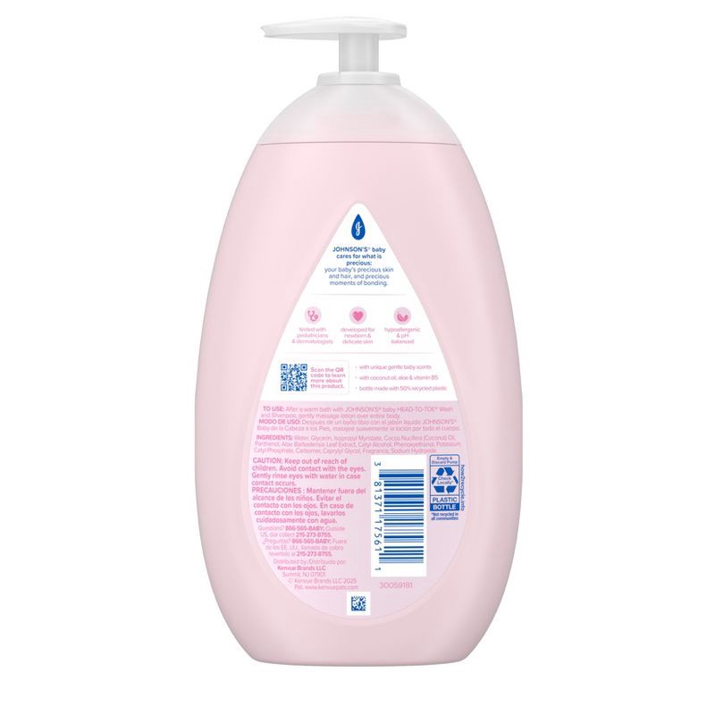 slide 8 of 8, Johnson's Moisturizing Mild Pink Baby Body Lotion, Coconut Oil for Delicate Skin, Hypoallergenic - 27.1 fl oz, 27.1 fl oz