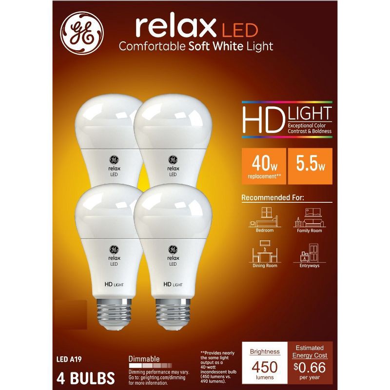 slide 1 of 5, GE Household Lighting GE 4pk 40W Relax A19 LED Light Bulbs Soft White, 4 ct