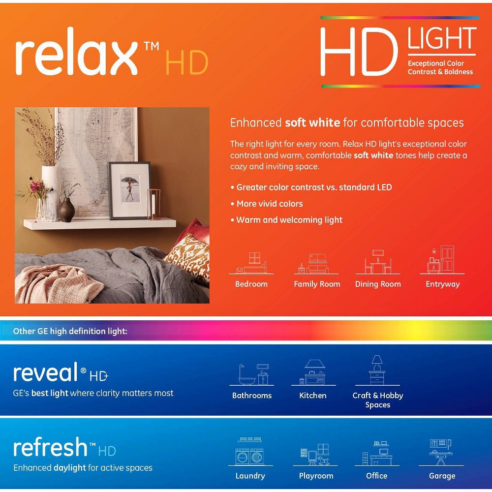 slide 2 of 6, GE Household Lighting GE 4pk 10W 60W Equivalent Relax LED HD Light Bulbs Soft White, 4 ct