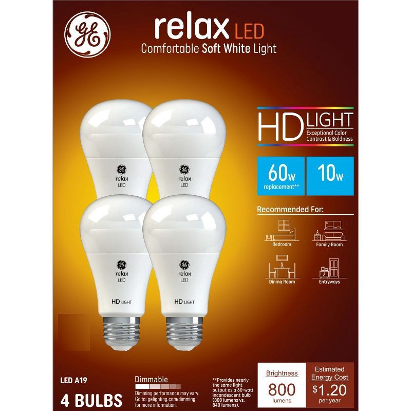 slide 1 of 9, GE Household Lighting GE 4pk 60W Relax A19 LED Light Bulbs Soft White, 4 ct