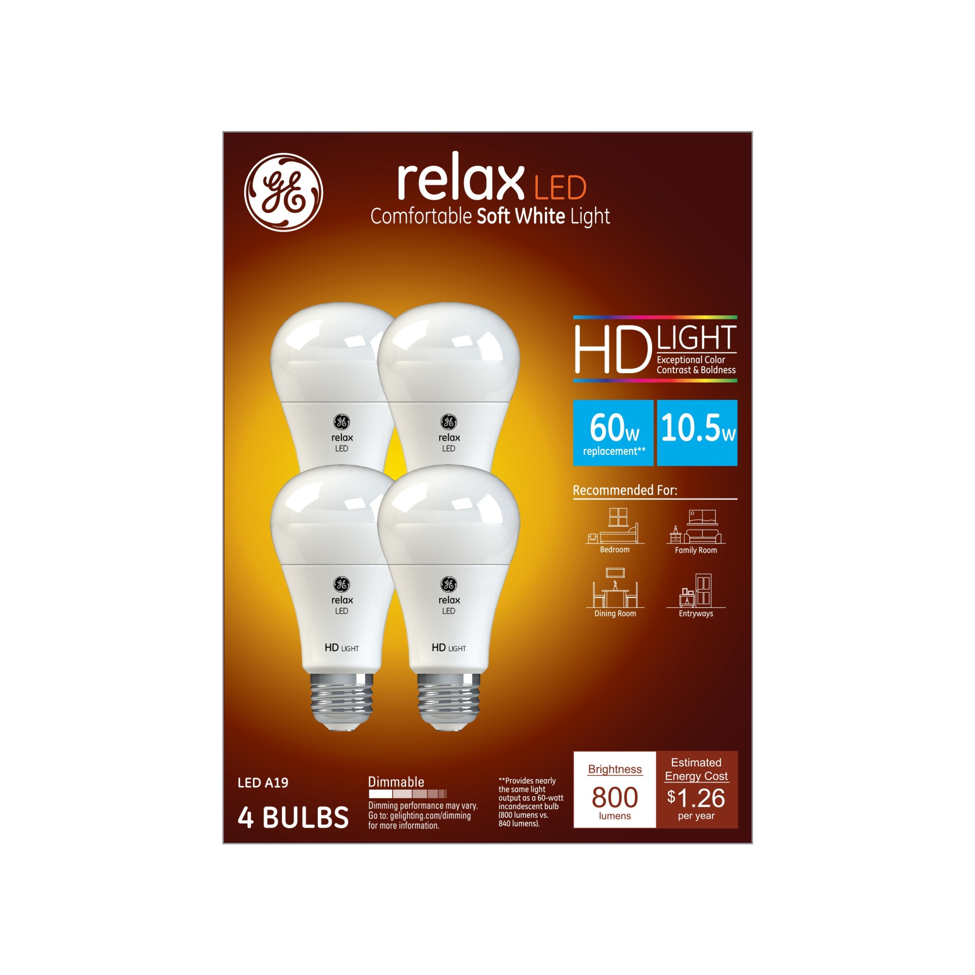 slide 1 of 6, GE Household Lighting GE 4pk 10W 60W Equivalent Relax LED HD Light Bulbs Soft White, 4 ct