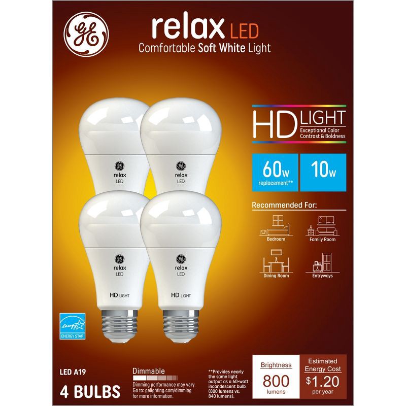 slide 1 of 9, GE Household Lighting GE 4pk 60W Relax A19 LED Light Bulbs Soft White, 4 ct