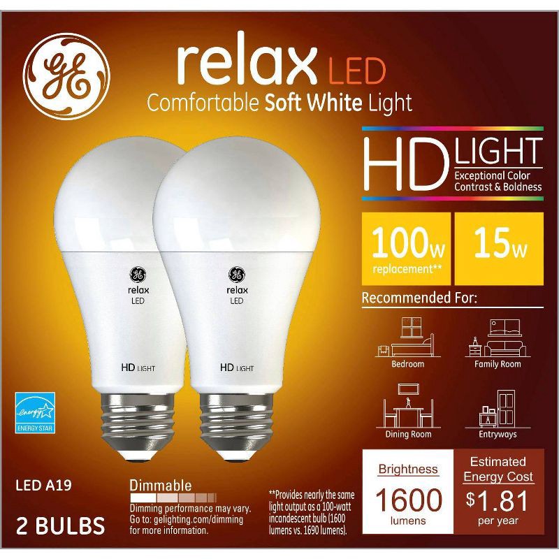 slide 5 of 9, GE Household Lighting GE 2pk 100W Relax A19 LED Light Bulbs Soft White, 2 ct